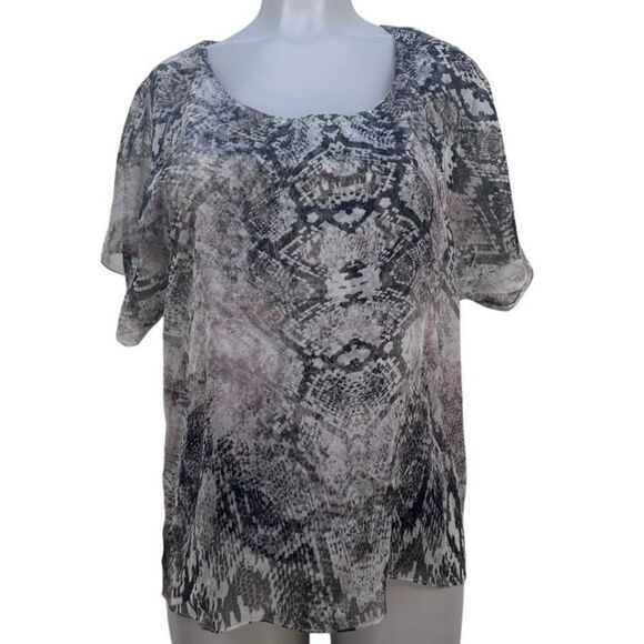 Style & Co. Blouse Women's Medium Black Tan Snakeskin Print Sheer Sleeves - Picture 1 of 12